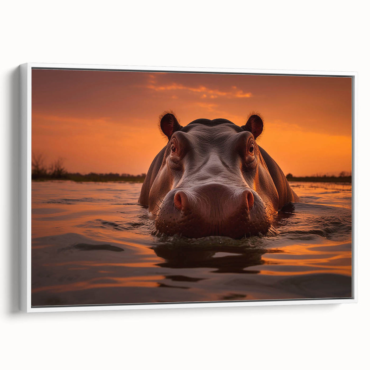 Framed canvas wall art showcasing a side view of a hippopotamus in a natural setting, featuring vibrant colors and detailed textures, perfect for animal lovers.