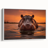 Framed canvas wall art showcasing a side view of a hippopotamus in a natural setting, featuring vibrant colors and detailed textures, perfect for animal lovers.