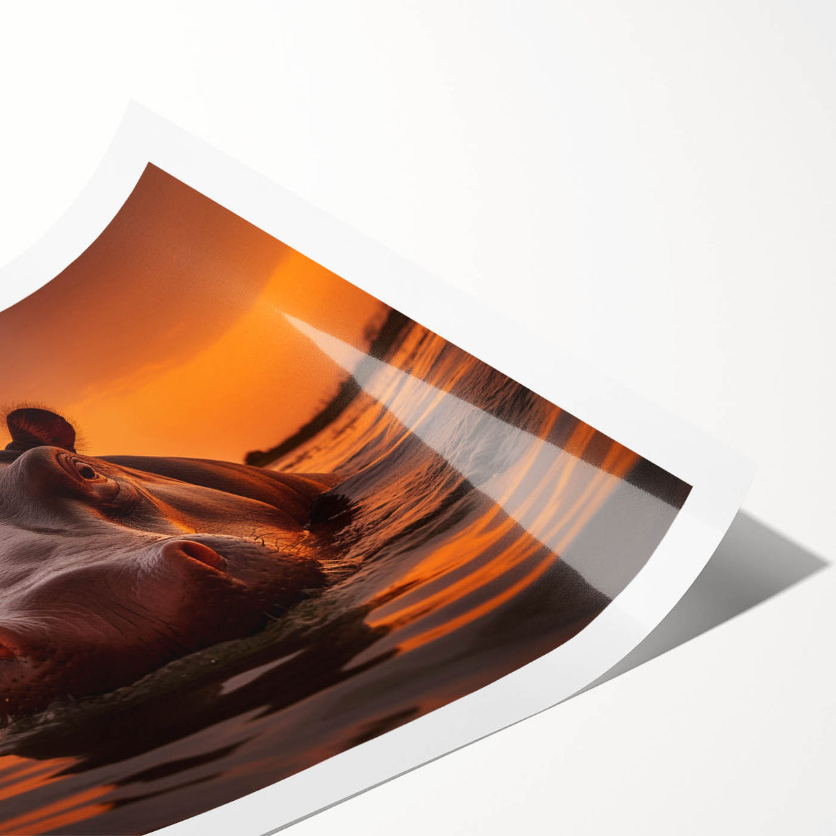 Hippopotamus wall art print showcasing a vibrant and colorful design, highlighting the majestic animal in a natural setting, ideal for wildlife decor enthusiasts.