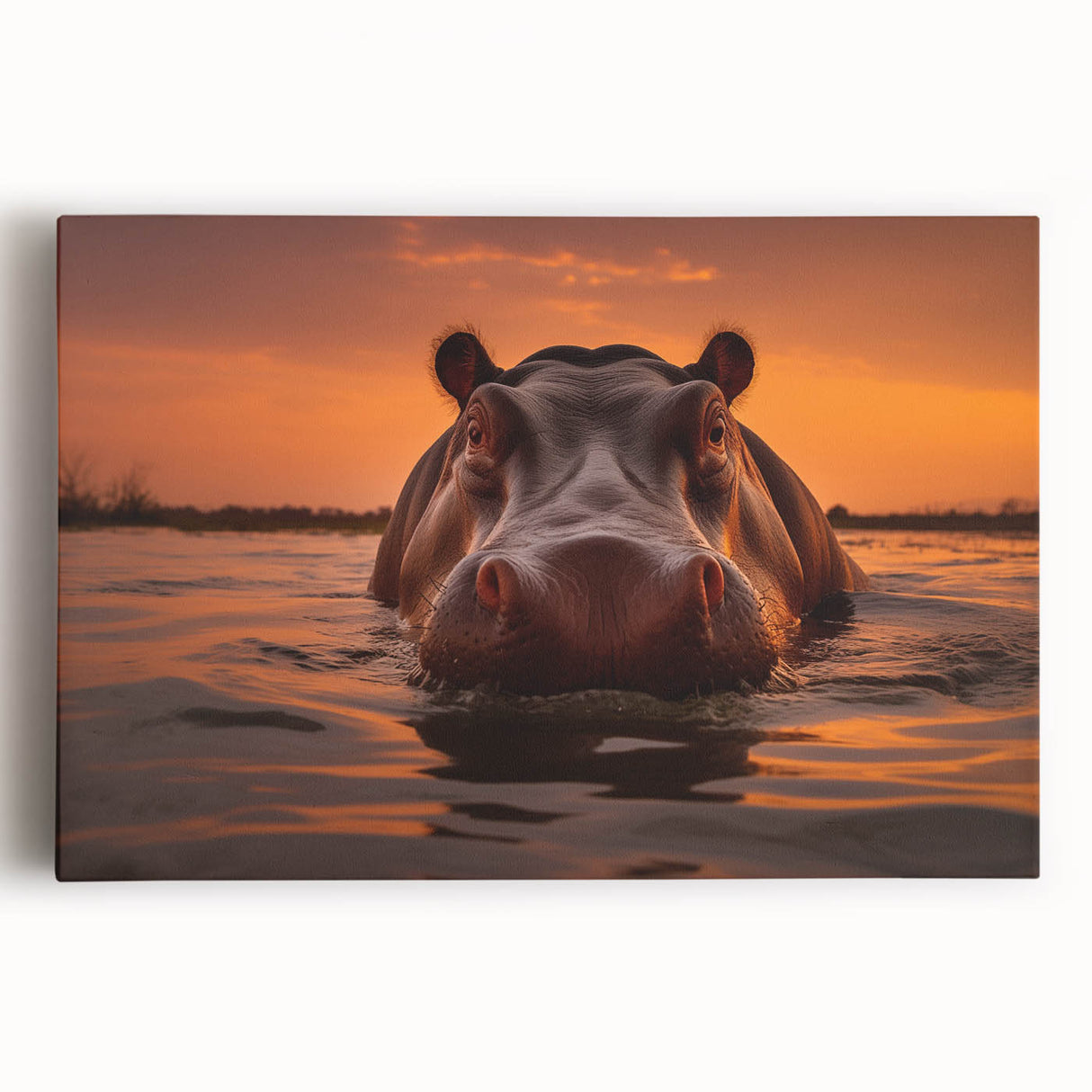 Detailed view of a vibrant stretched canvas featuring a hippo design from the "Animals A Wild Life" collection, showcasing rich colors and intricate details, perfect for animal-themed decor. Ideal for wildlife enthusiasts and home decoration.