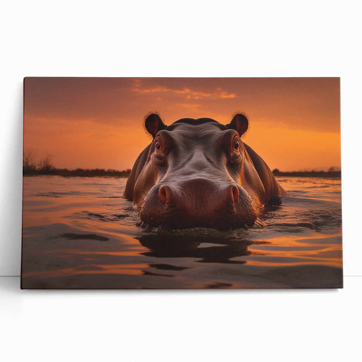 Hippopotamus wall art design on stretched canvas, showcasing vibrant colors and intricate details, perfect for animal lovers and home decor enthusiasts.