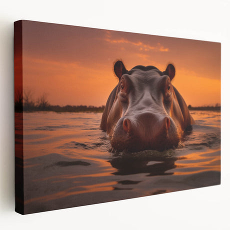 Stretched canvas artwork depicting a side view of a hippopotamus in a vibrant natural setting, showcasing detailed textures and colors, perfect for wildlife enthusiasts.