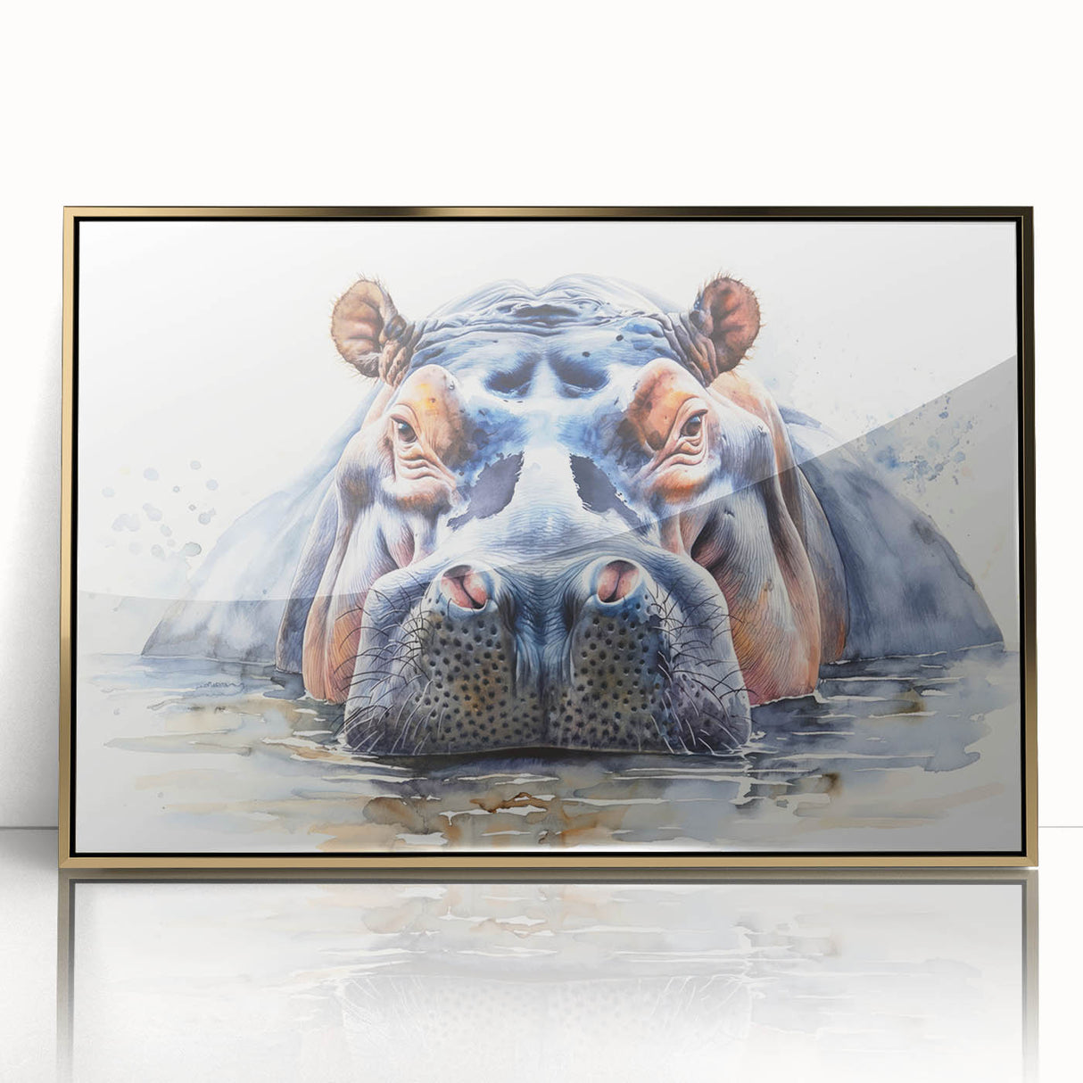 Framed wall art featuring a striking front view of a hippopotamus design, set against a gold-accented background, perfect for wildlife enthusiasts and home decor.