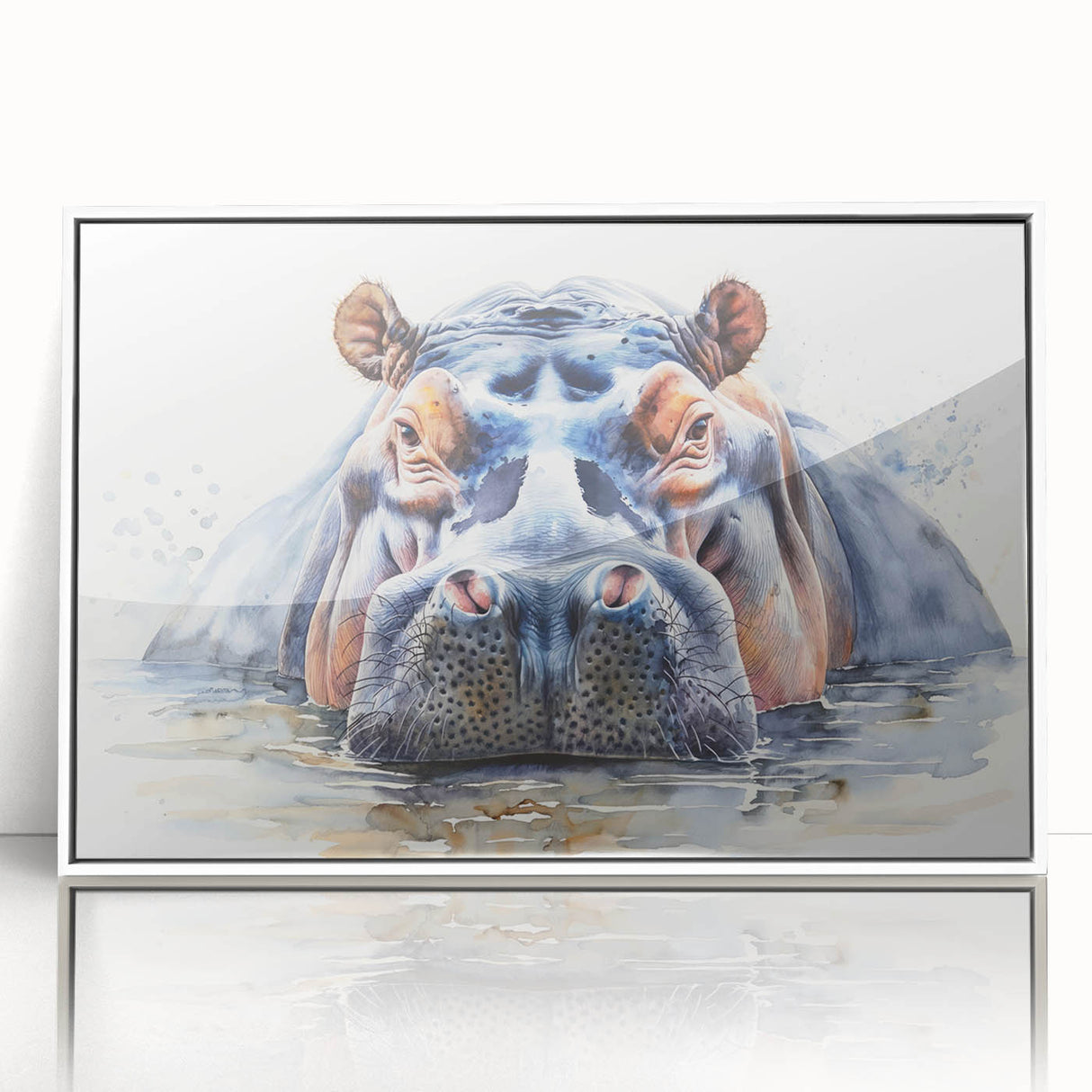 Framed acrylic wall art featuring a striking white front view of a hippopotamus, showcasing intricate details and vibrant colors, perfect for wildlife enthusiasts.