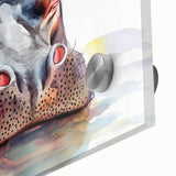 Close-up of a vibrant acrylic glass wall art piece showcasing a detailed design of a hippopotamus in a wild habitat, perfect for animal lovers and home decor.