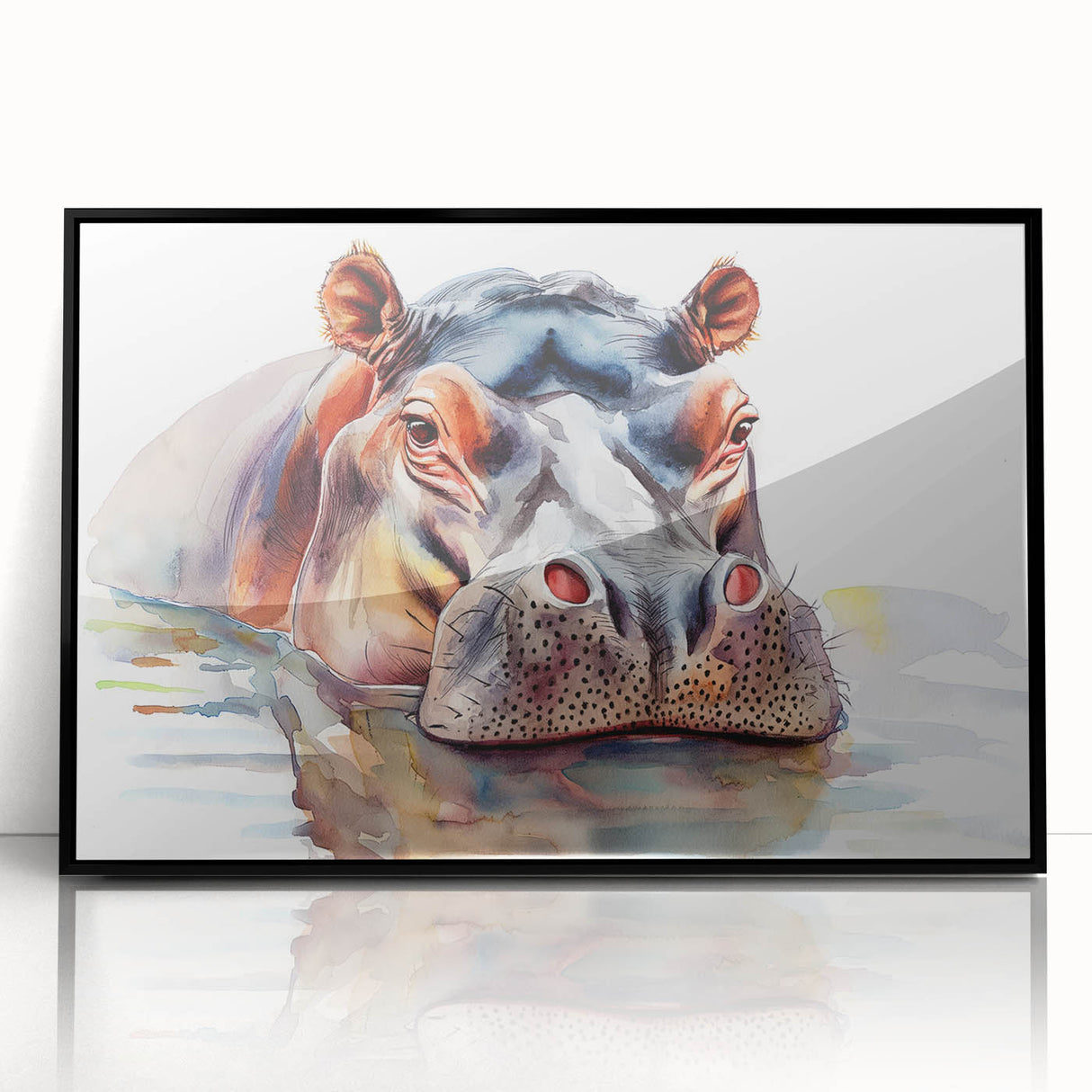 Framed wall art featuring a striking black and white design of a hippopotamus, showcasing intricate details and textures, ideal for wildlife enthusiasts and modern decor.