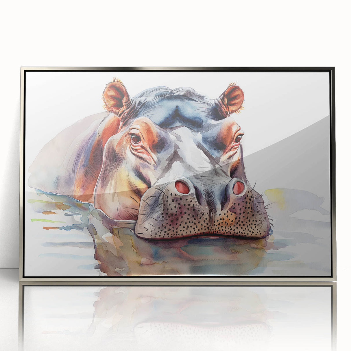 Framed acrylic wall art featuring a front view of a sleek silver hippopotamus design, showcasing vibrant colors and intricate details, perfect for modern decor.