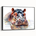 Framed black canvas wall art showcasing a detailed side view of a hippopotamus in a natural setting, ideal for wildlife enthusiasts and modern decor.
