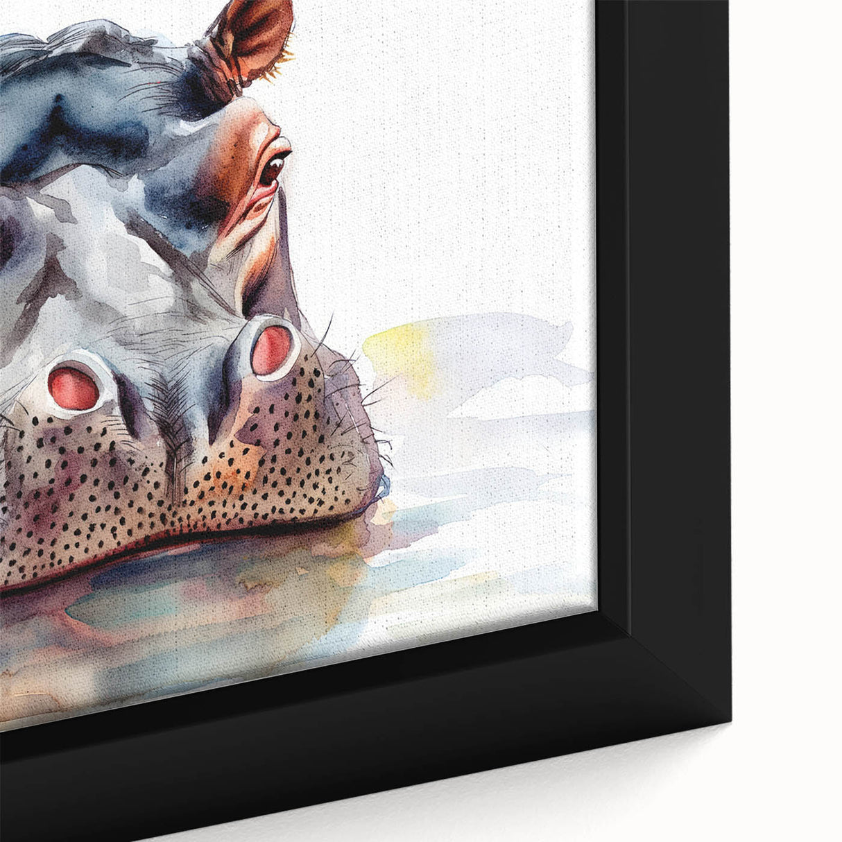 Close-up of a framed canvas wall art depicting a vibrant hippopotamus design, showcasing intricate details and rich colors, perfect for animal lovers and home decor enthusiasts.