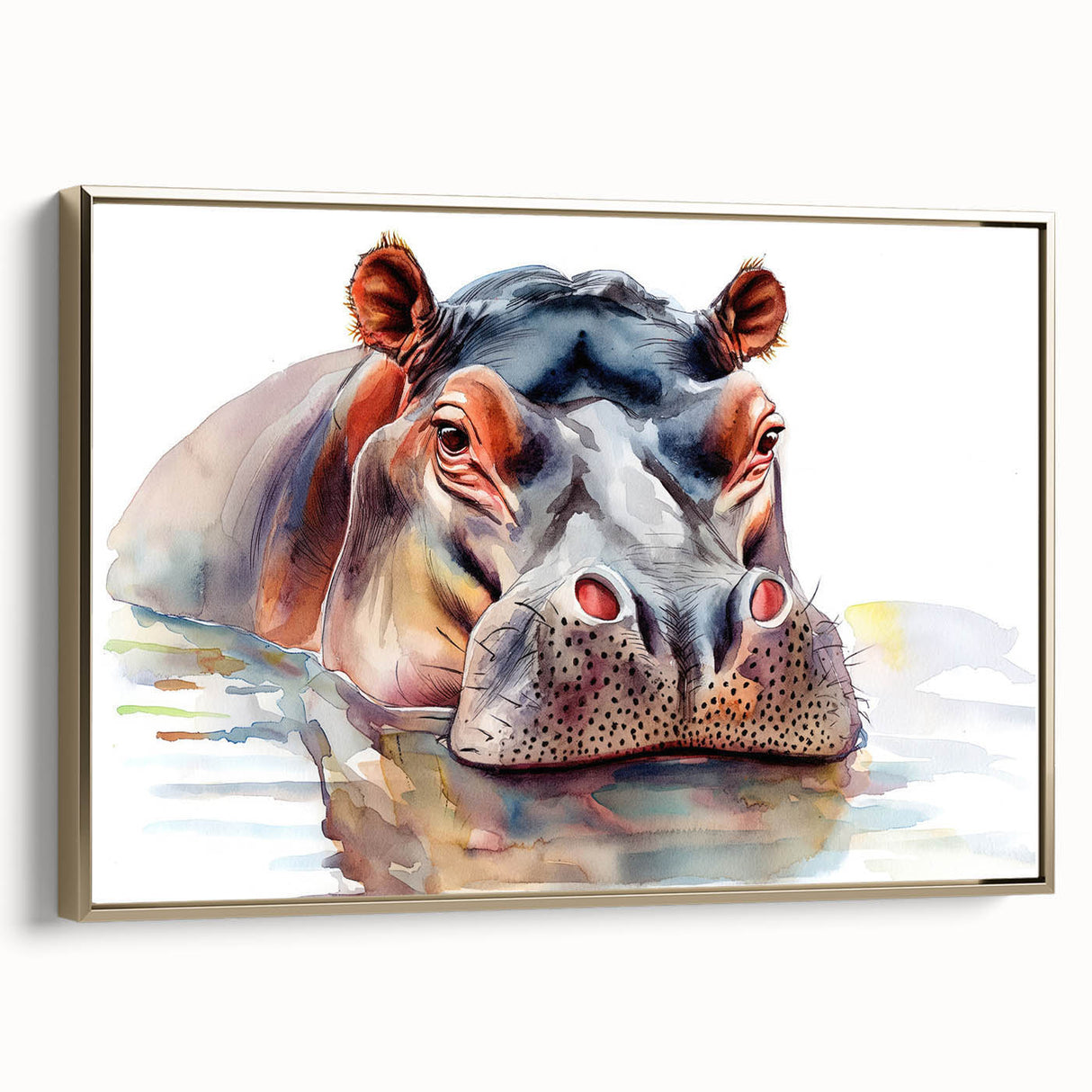 Framed wall art featuring a stylish side view of a hippopotamus design in gold tones, perfect for animal lovers and modern decor enthusiasts. Ideal for enhancing home interiors.