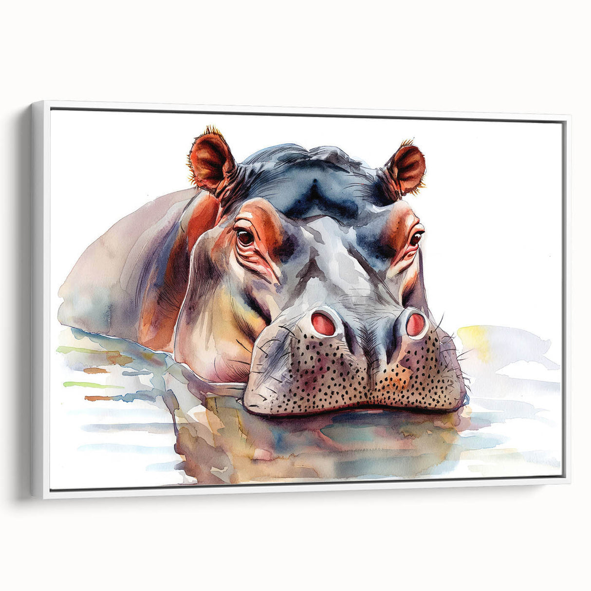 Framed canvas wall art featuring a side view of a hippopotamus design, showcasing vibrant colors and intricate details, perfect for adding a wild, artistic touch to home decor.
