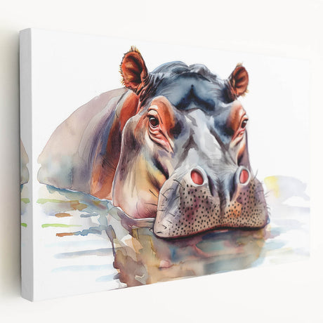 Vibrant canvas wall art depicting a side view of a hippopotamus in its natural habitat, showcasing rich colors and fine details, perfect for wildlife enthusiasts.