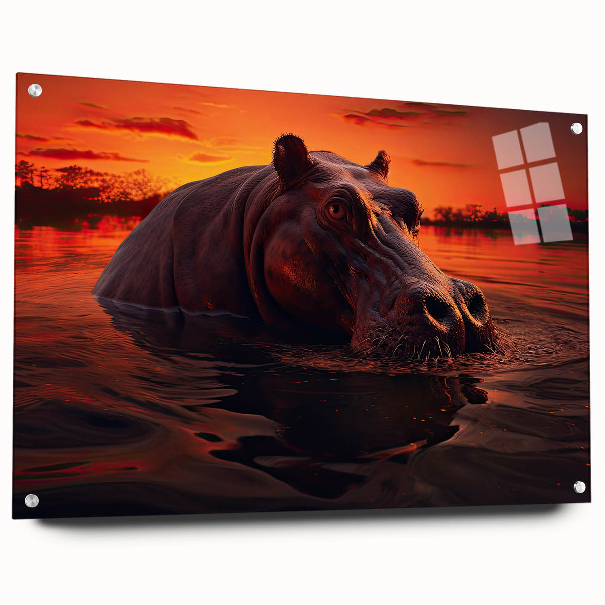 Side view of a vibrant acrylic glass wall art design featuring a hippopotamus in a wild African landscape, showcasing rich colors and detailed textures, perfect for animal lovers and home decor enthusiasts.