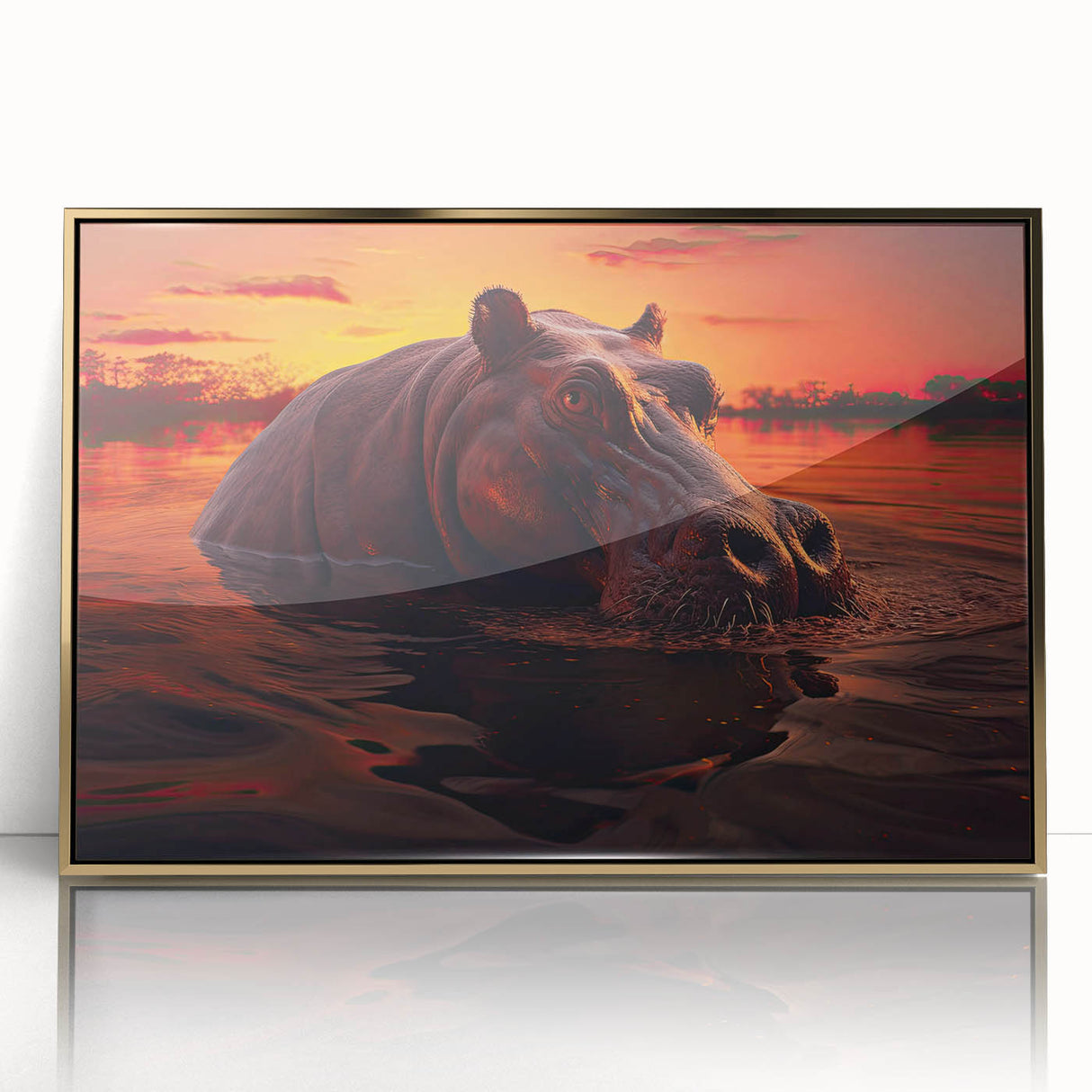 Framed wall art featuring a striking front view of a hippopotamus design, showcasing vibrant colors and intricate details, perfect for animal lovers and home decor enthusiasts.