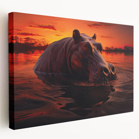 Side view of a vibrant hippopotamus design on stretched canvas wall art, showcasing detailed textures and colors, perfect for animal lovers and home decor enthusiasts.