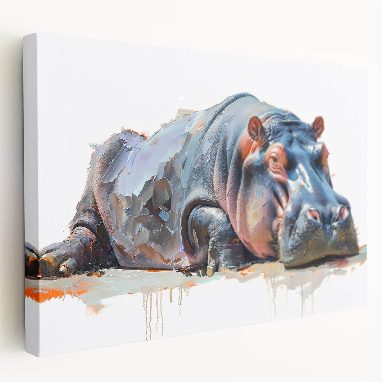 Side view of a vibrant hippopotamus wall art design on stretched canvas, showcasing rich colors and intricate details, perfect for animal lovers and home decor enthusiasts.