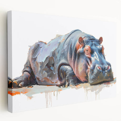 Side view of a vibrant hippopotamus wall art design on stretched canvas, showcasing rich colors and intricate details, perfect for animal lovers and home decor enthusiasts.