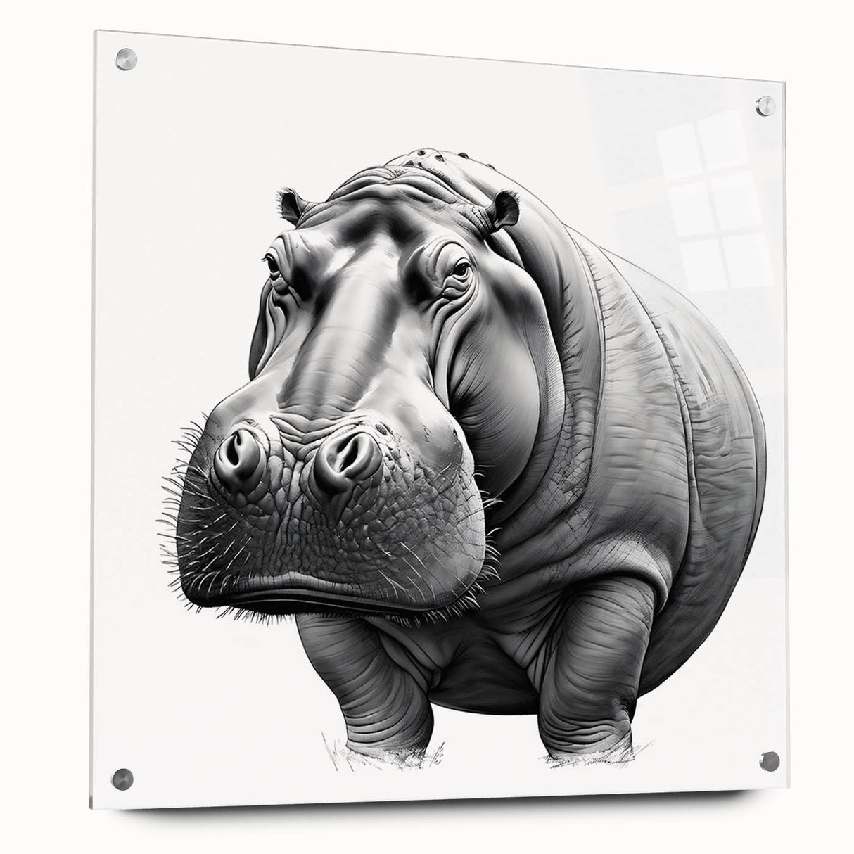 Acrylic glass wall art showcasing a side view of a hippopotamus, featuring vibrant colors and intricate details, perfect for animal lovers and home decor enthusiasts.