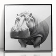 Framed acrylic wall art depicting a front view of a vibrant hippopotamus design, showcasing rich colors and intricate details, perfect for animal-themed decor.