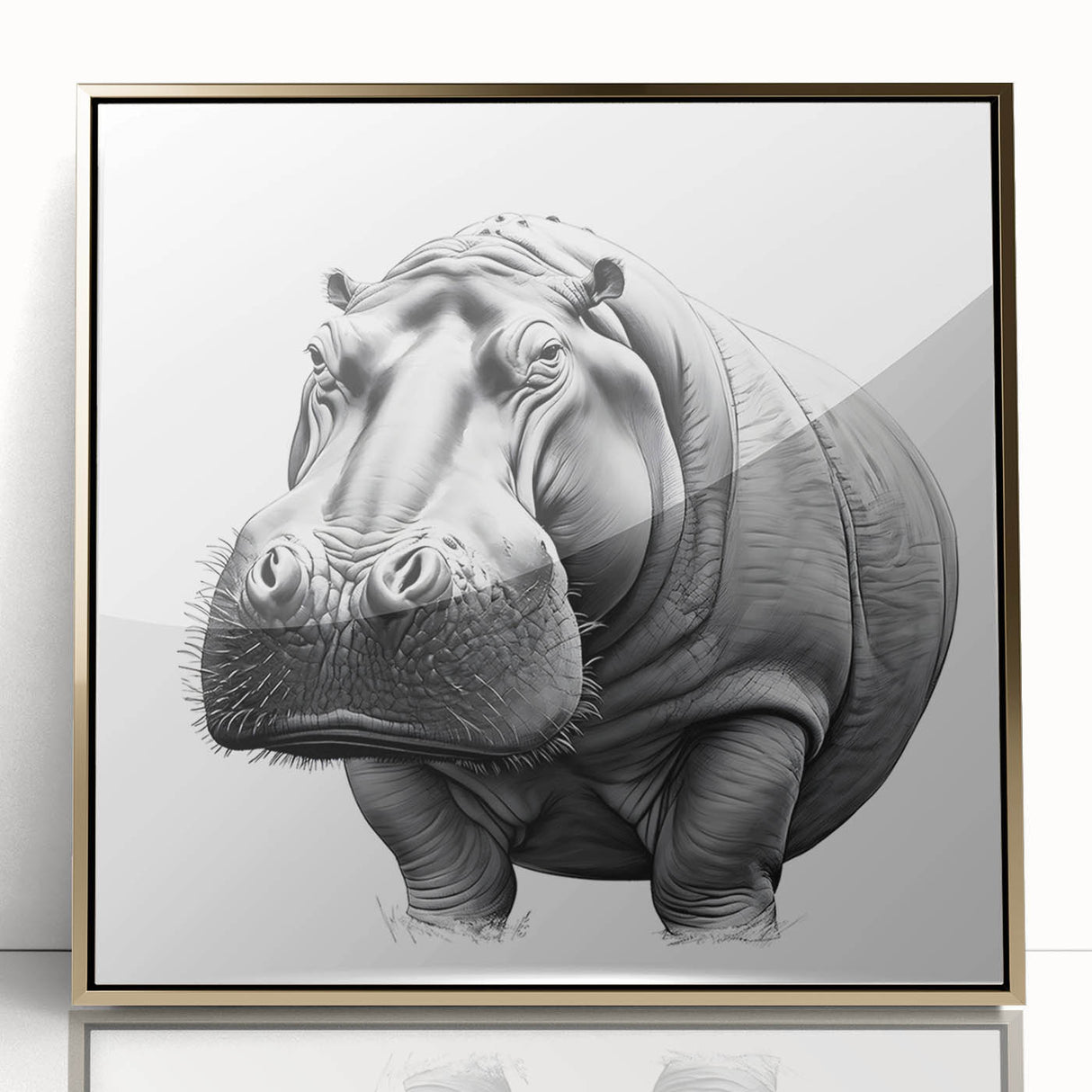 Framed wall art showcasing a striking front view of a hippopotamus in a gold-accented design, perfect for animal lovers and modern home decor.