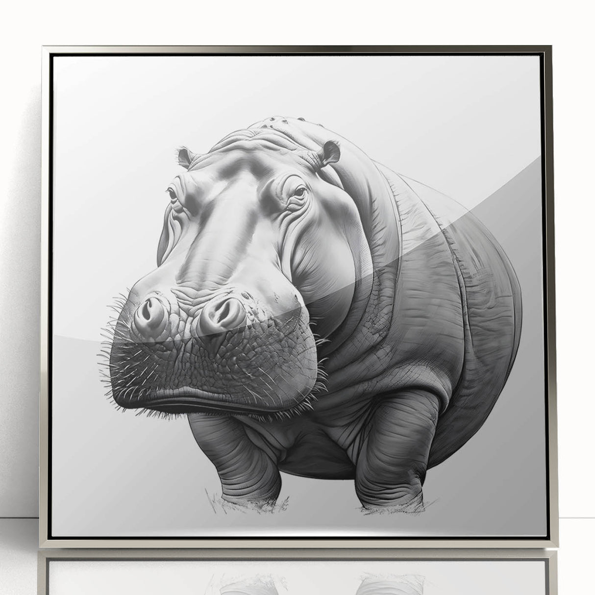 Framed wall art featuring a silver-accented front view of a hippopotamus design, showcasing vibrant colors and intricate details, perfect for wildlife enthusiasts.