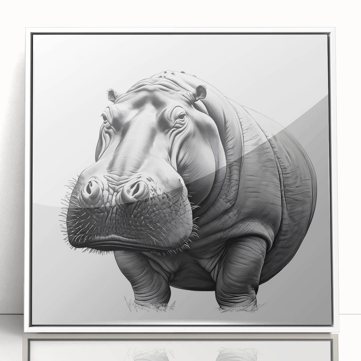 Framed wall art showcasing a realistic front view of a hippopotamus in a vibrant natural setting. This acrylic piece adds a touch of wildlife elegance to any decor, perfect for animal lovers and art enthusiasts alike.