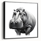 Framed canvas wall art depicting a side view of a hippopotamus in a natural setting, showcasing vibrant colors and intricate details for wildlife enthusiasts.