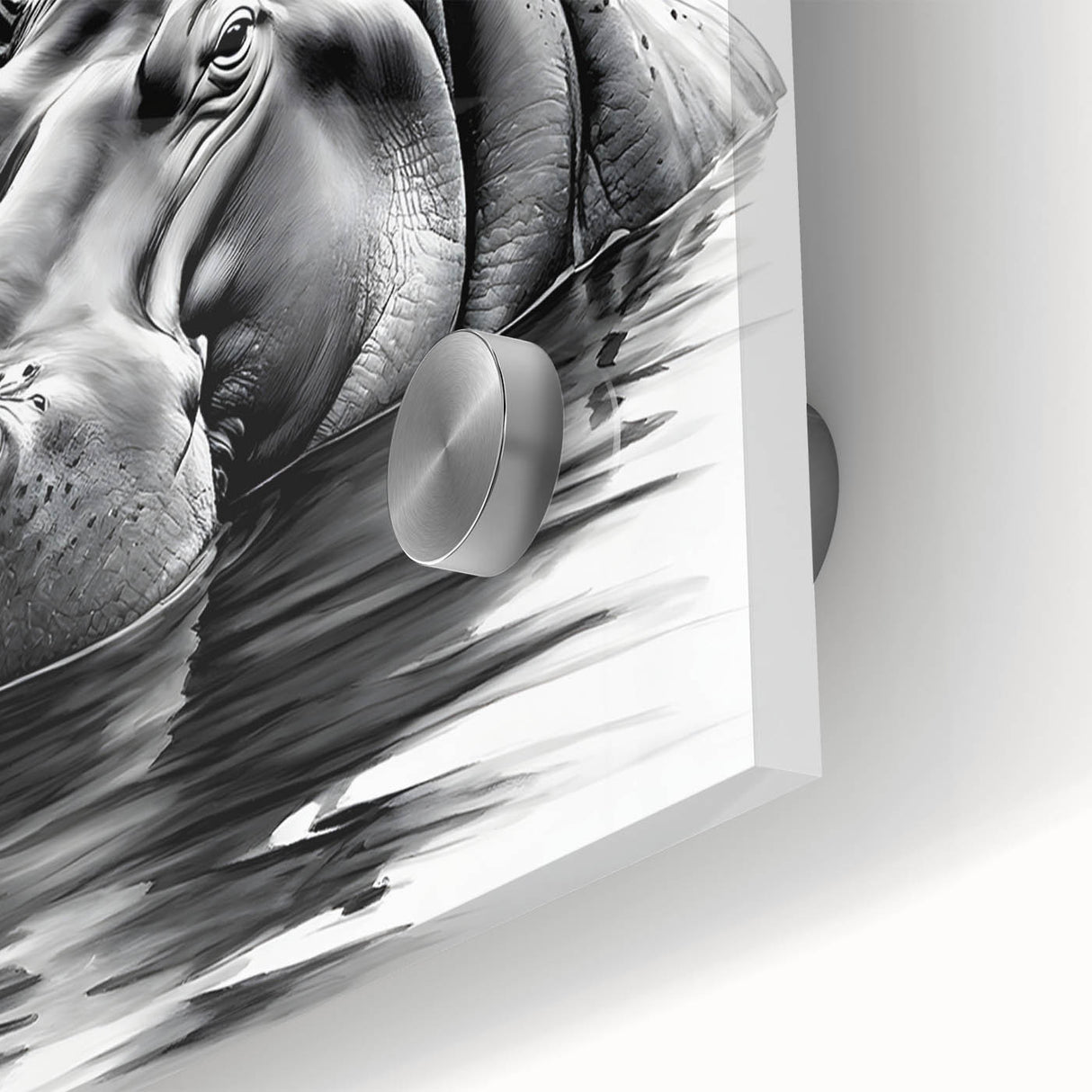 Close-up of a vibrant acrylic glass wall art piece showcasing a hippopotamus in a natural habitat, emphasizing rich colors and intricate details, ideal for wildlife enthusiasts.