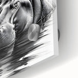Close-up of a vibrant acrylic glass wall art piece showcasing a hippopotamus in a natural habitat, emphasizing rich colors and intricate details, ideal for wildlife enthusiasts.