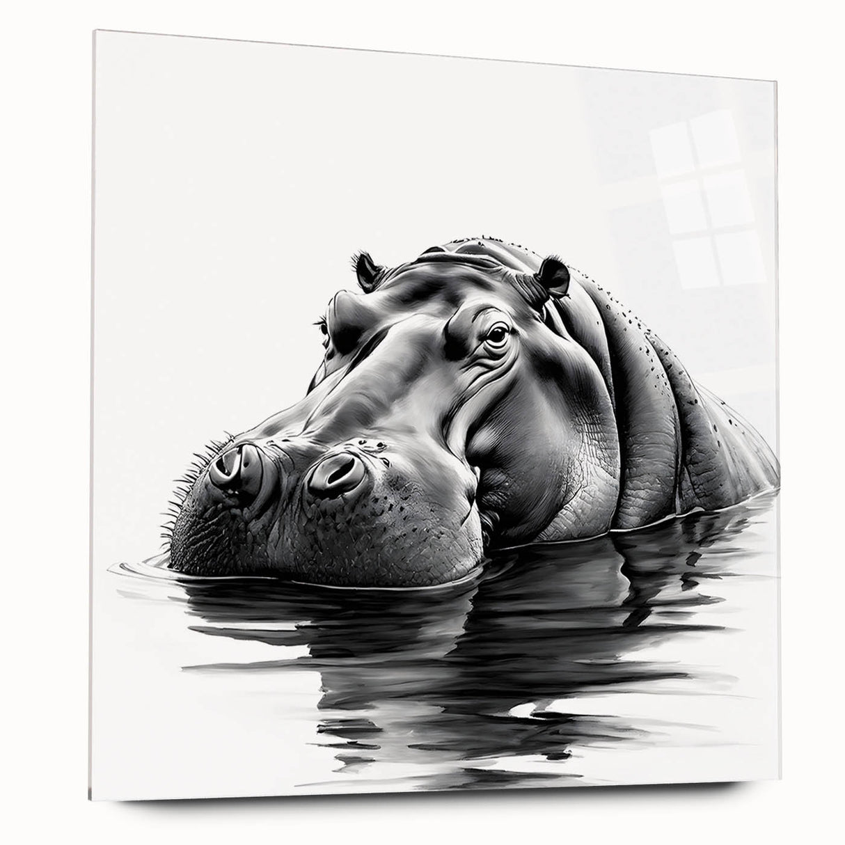 Side view of a sleek acrylic glass wall art piece featuring a vibrant hippopotamus design, perfect for animal lovers and home decor enthusiasts.