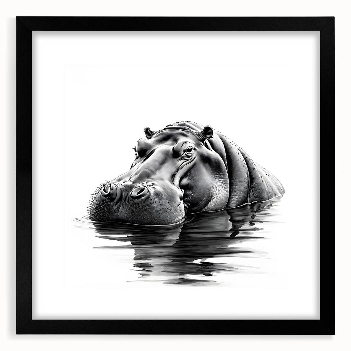 Black-framed wall art collection showcasing a vibrant hippopotamus design, featuring intricate details and bold colors, perfect for wildlife enthusiasts and home decor.