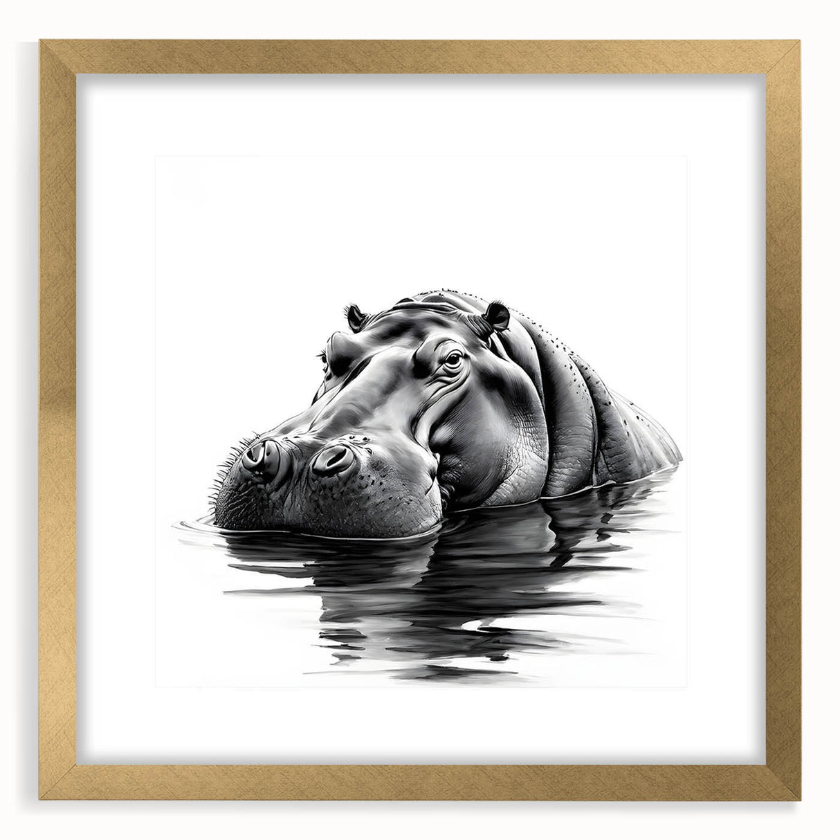 Hippopotamus wall art design showcasing a vibrant gold frame with matting, perfect for adding a touch of wildlife elegance to any room decor. Ideal for animal lovers and modern interiors.