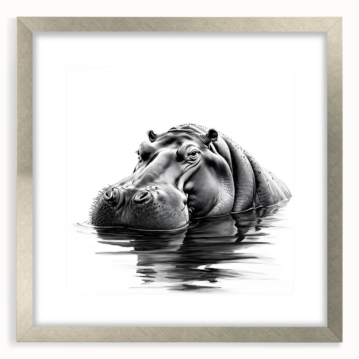 Silver-framed wall art featuring a vibrant hippopotamus design, showcasing intricate details and colors, perfect for wildlife enthusiasts and home decor.