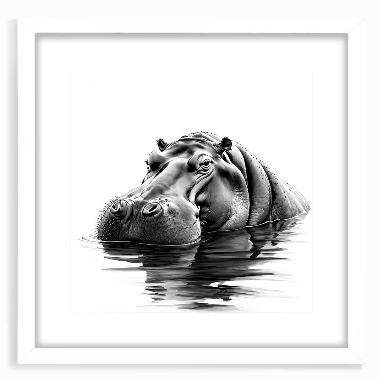 Hippopotamus wall art design featuring a vibrant, colorful illustration framed with a white mat, perfect for animal lovers and modern decor enthusiasts.