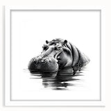 Hippopotamus wall art design featuring a vibrant, colorful illustration framed with a white mat, perfect for animal lovers and modern decor enthusiasts.