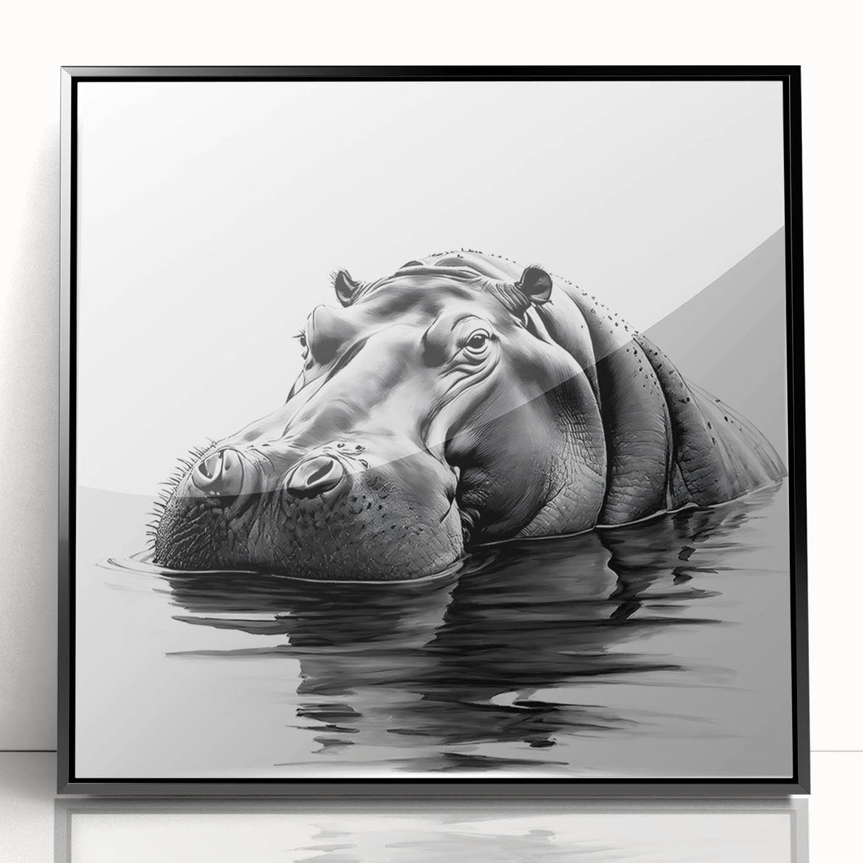 Framed wall art featuring a striking black acrylic design of a hippopotamus, showcasing intricate details and vibrant colors, perfect for wildlife enthusiasts.