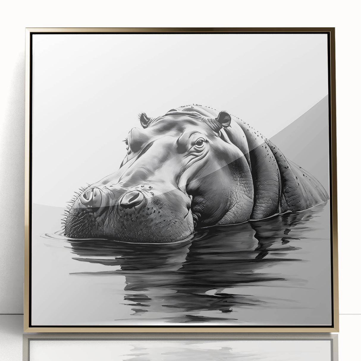 Framed acrylic wall art featuring a striking front view of a hippopotamus, showcasing intricate details and vibrant colors, perfect for animal lovers and home decor enthusiasts.
