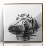 Framed acrylic wall art featuring a striking front view of a hippopotamus, showcasing intricate details and vibrant colors, perfect for animal lovers and home decor enthusiasts.
