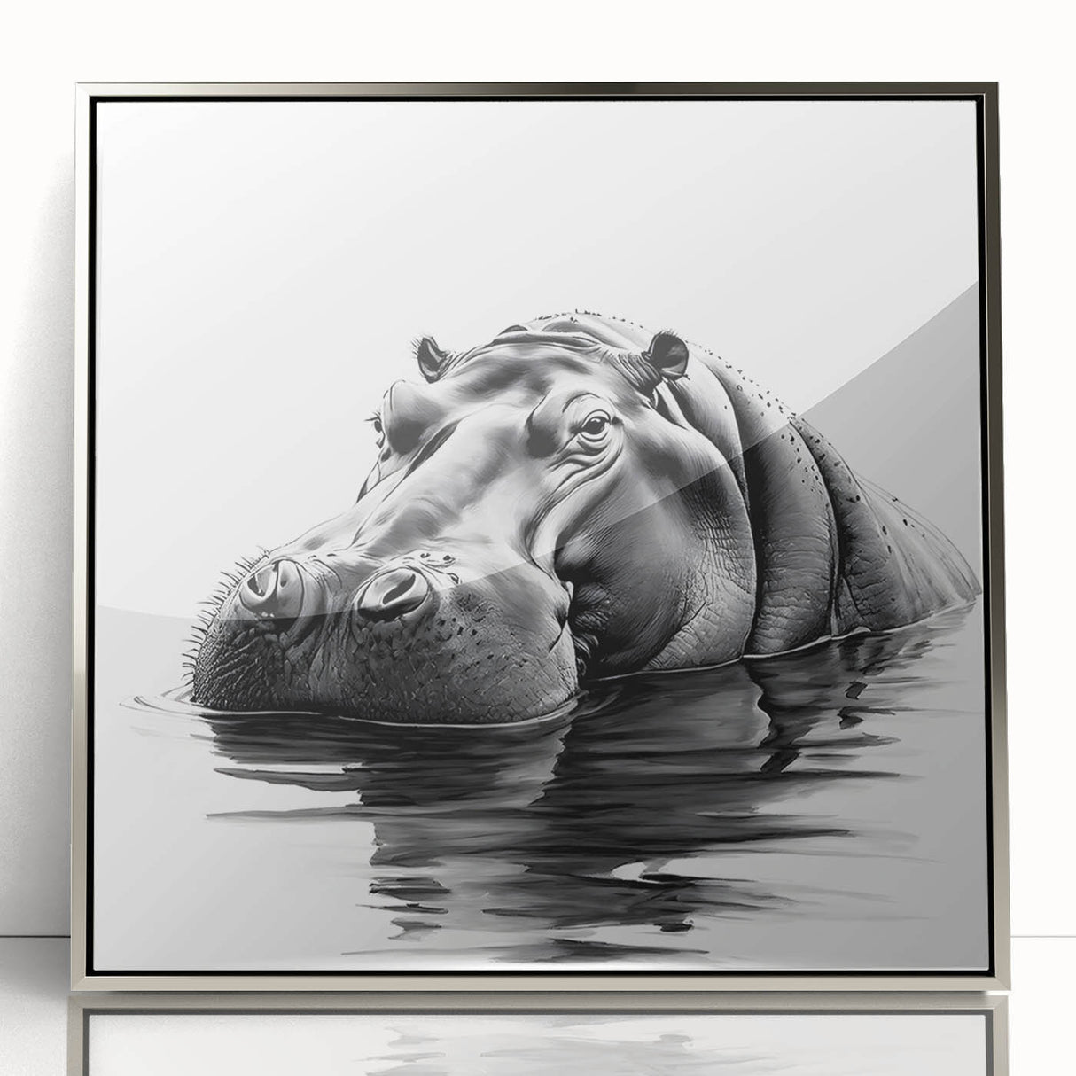 Framed wall art showcasing a realistic front view of a silver-accented hippopotamus design, ideal for wildlife enthusiasts and modern decor. Perfect addition to any living space or gallery.