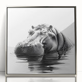 Framed wall art showcasing a realistic front view of a silver-accented hippopotamus design, ideal for wildlife enthusiasts and modern decor. Perfect addition to any living space or gallery.