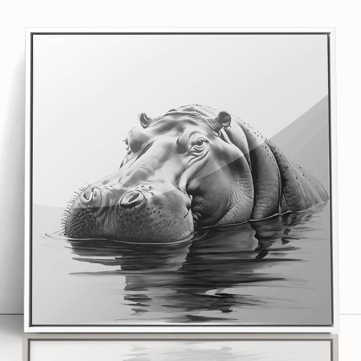 Framed acrylic wall art featuring a vibrant hippopotamus design in a white frame, showcasing intricate details and colors, perfect for animal lovers and home decor.