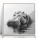 Framed acrylic wall art featuring a vibrant hippopotamus design in a white frame, showcasing intricate details and colors, perfect for animal lovers and home decor.