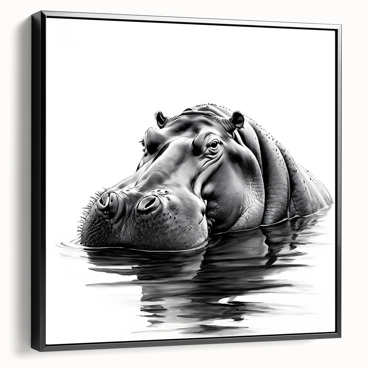 Framed canvas wall art showcasing a side view of a hippopotamus in a sleek black design, ideal for wildlife enthusiasts and modern decor lovers.