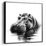 Framed canvas wall art showcasing a side view of a hippopotamus in a sleek black design, ideal for wildlife enthusiasts and modern decor lovers.