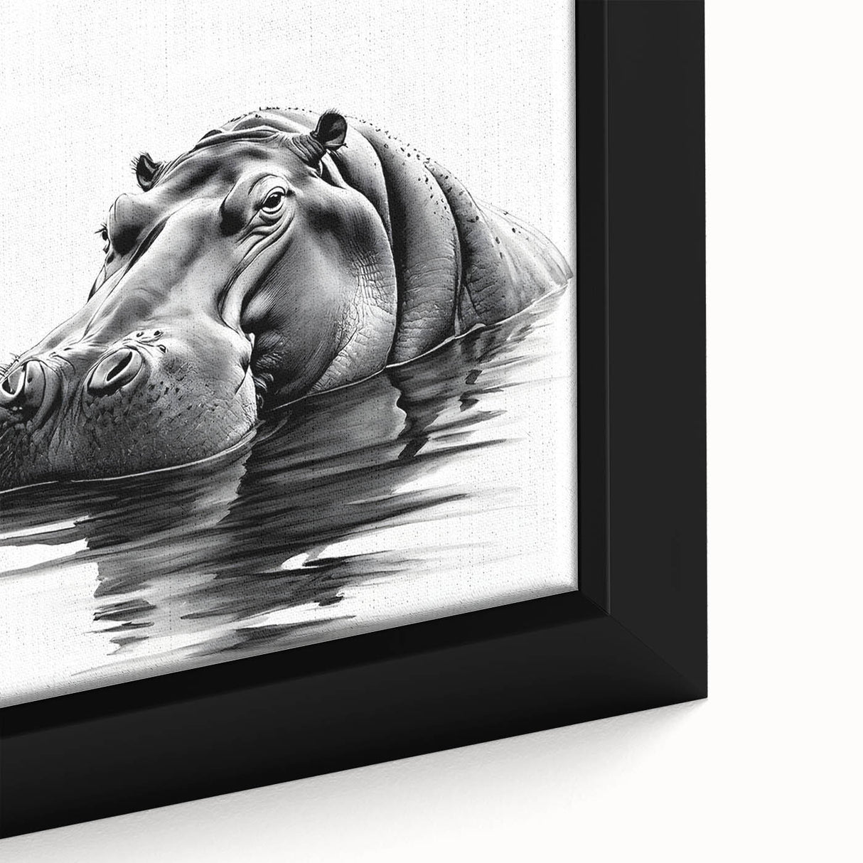Close-up of a framed canvas wall art piece depicting a hippo in its natural habitat, showcasing intricate details and vibrant colors, perfect for wildlife enthusiasts.