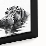 Close-up of a framed canvas wall art piece depicting a hippo in its natural habitat, showcasing intricate details and vibrant colors, perfect for wildlife enthusiasts.