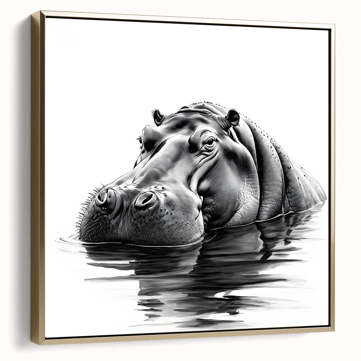 Framed wall art showcasing a striking side view of a hippopotamus design, featuring vibrant colors and intricate details, perfect for animal lovers and home decor enthusiasts.