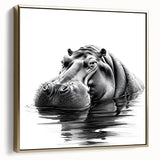 Framed wall art showcasing a striking side view of a hippopotamus design, featuring vibrant colors and intricate details, perfect for animal lovers and home decor enthusiasts.