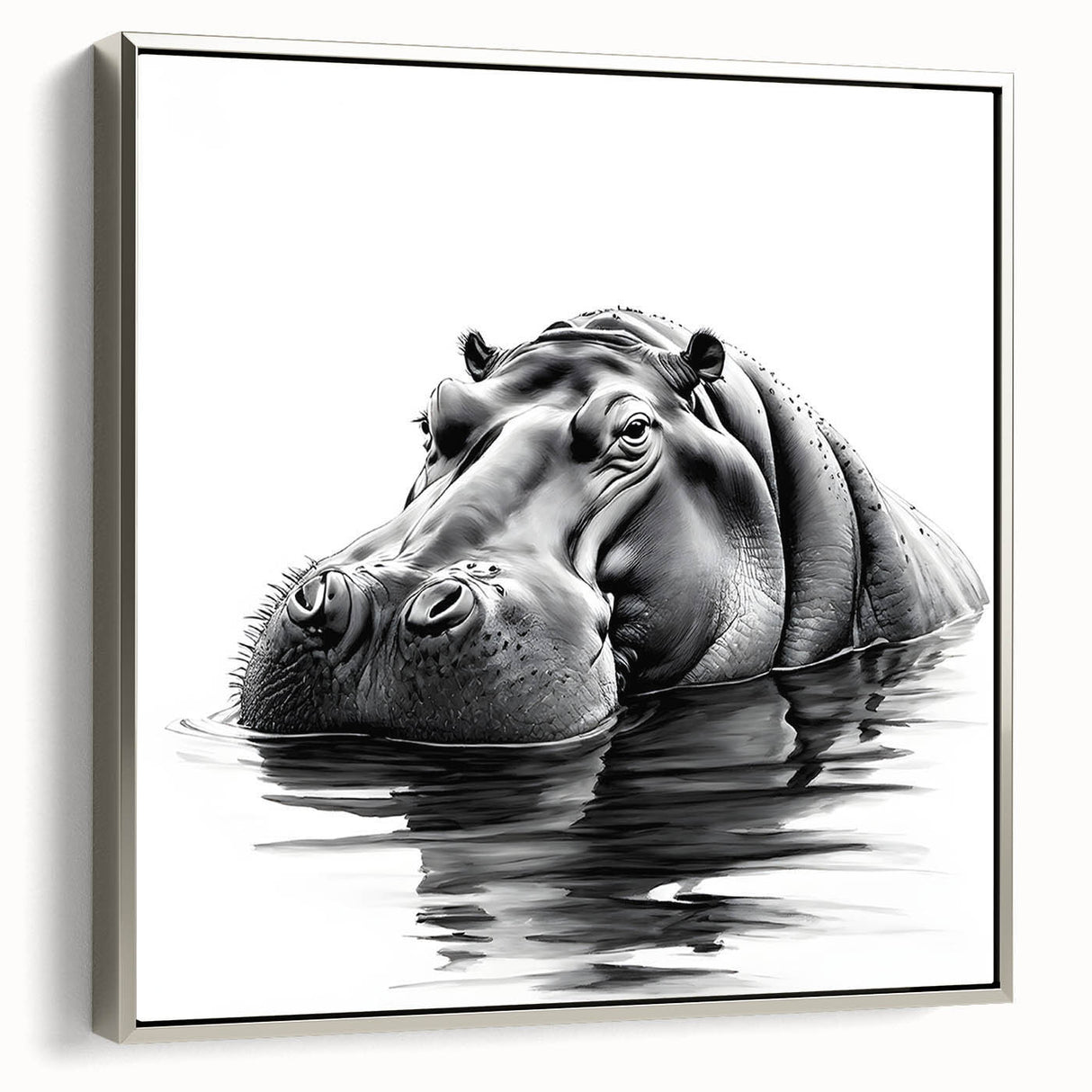 Framed wall art featuring a silver side view of a hippopotamus, showcasing intricate details and vibrant colors, perfect for enhancing wildlife-themed decor.