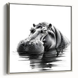 Framed wall art featuring a silver side view of a hippopotamus, showcasing intricate details and vibrant colors, perfect for enhancing wildlife-themed decor.